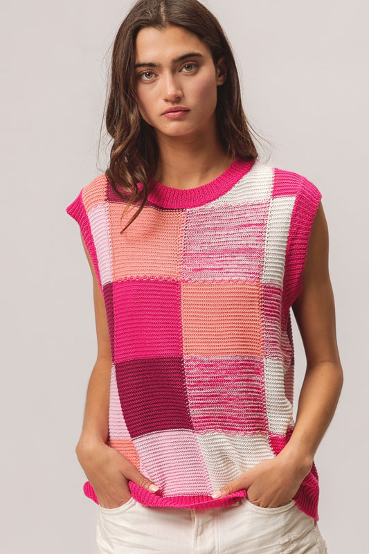 BiBi Color Block Round Neck Sweater Vest Fuchsia Combo