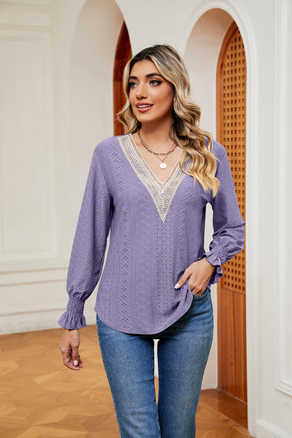 Contrast Flounce Sleeve Blouse Lavender