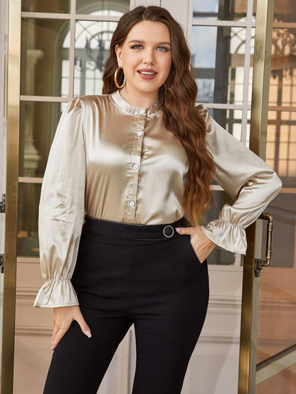 Plus Size Flounce Sleeve Band Collar Shirt Gold