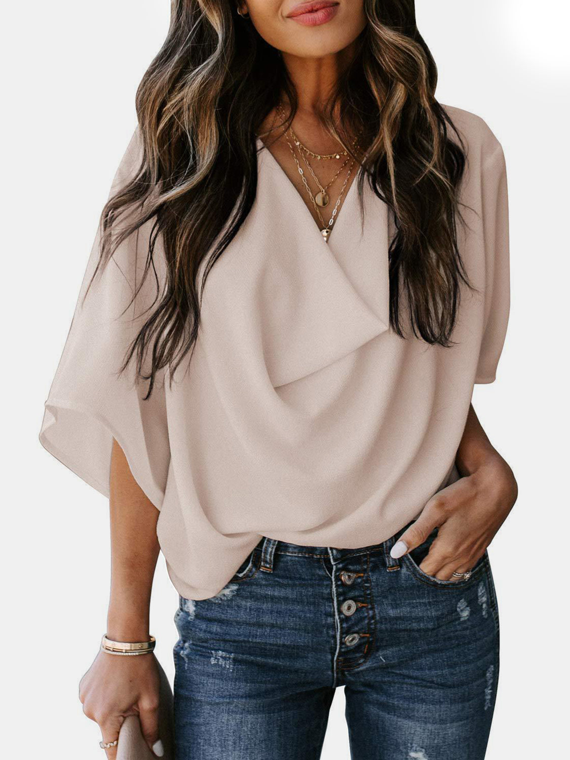 Full Size Cowl Neck Three-Quarter Sleeve Blouse Tan