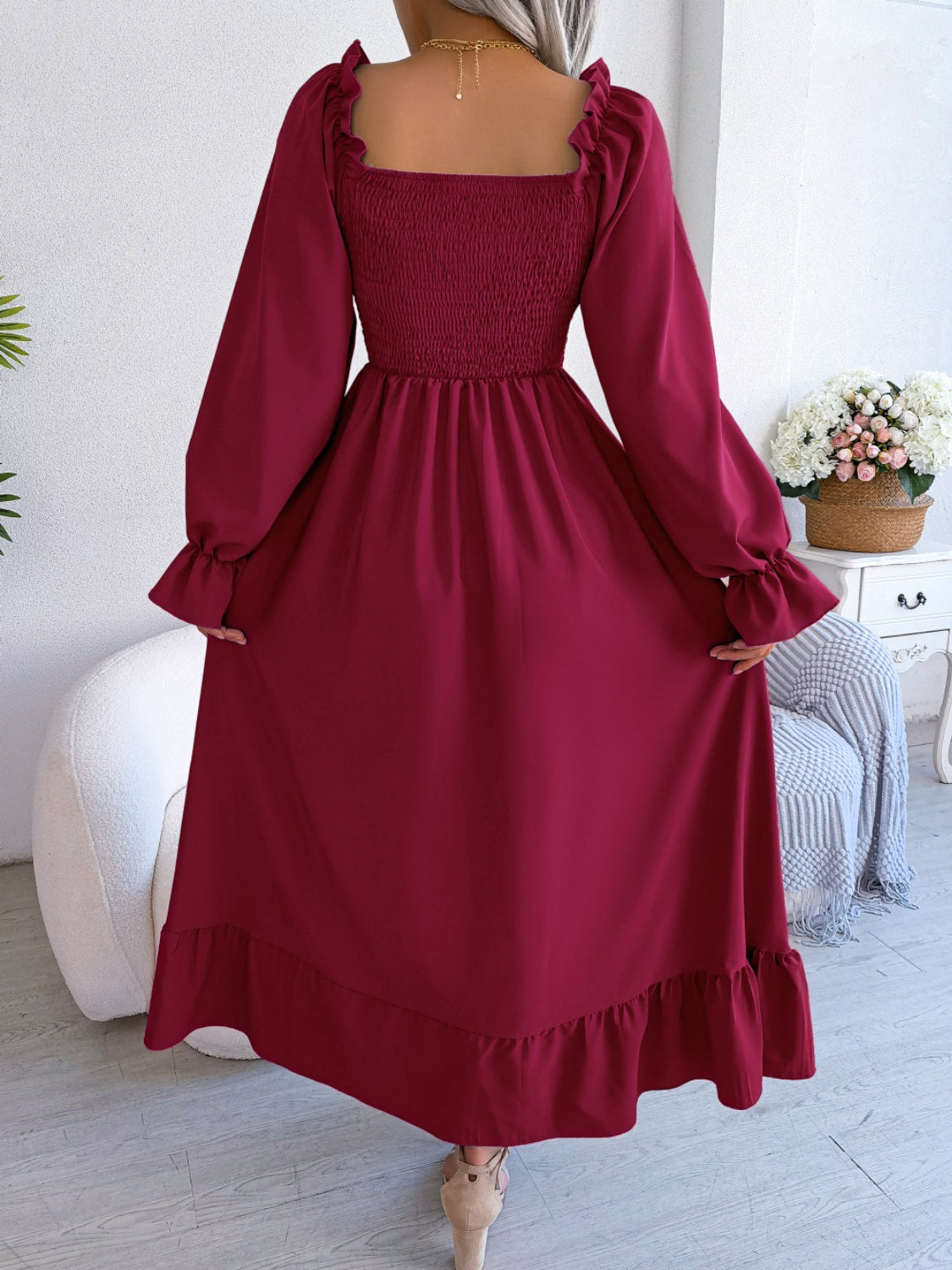 Smocked Square Neck Flounce Sleeve Dress