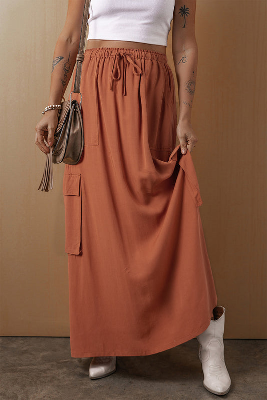 Chestnut Mineral Wash Cargo Pocket Drawstring Waist Maxi Skirt Chestnut 70%Viscose+30%Lyocell