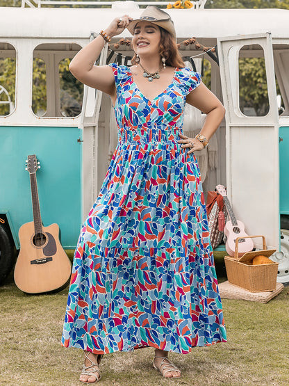 Plus Size Printed Cap Sleeve Dress Multicolor