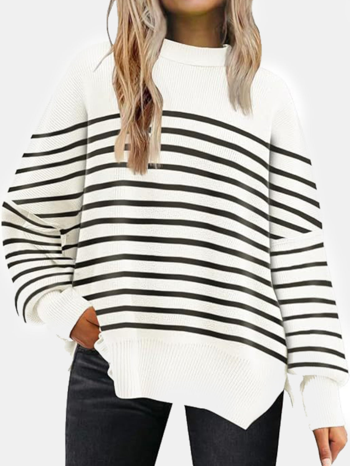 Round Neck Drop Shoulder Slit Sweater white stripes