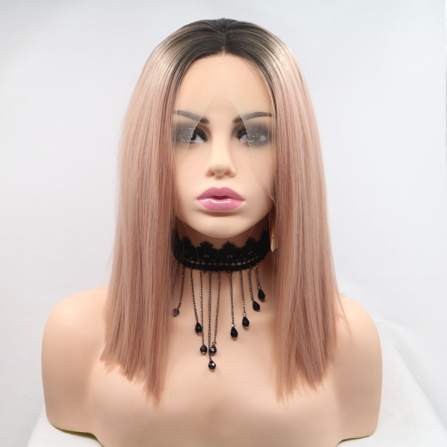 13*3" Lace Front Wigs Synthetic Mid-length Straight 12" 130% Density Black Pink One Size