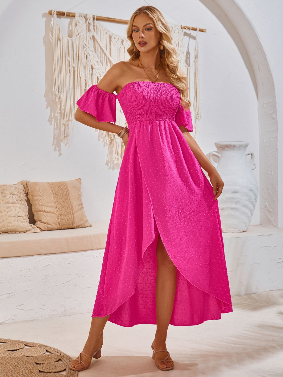 High-Low Smocked Short Sleeve Midi Dress Hot Pink