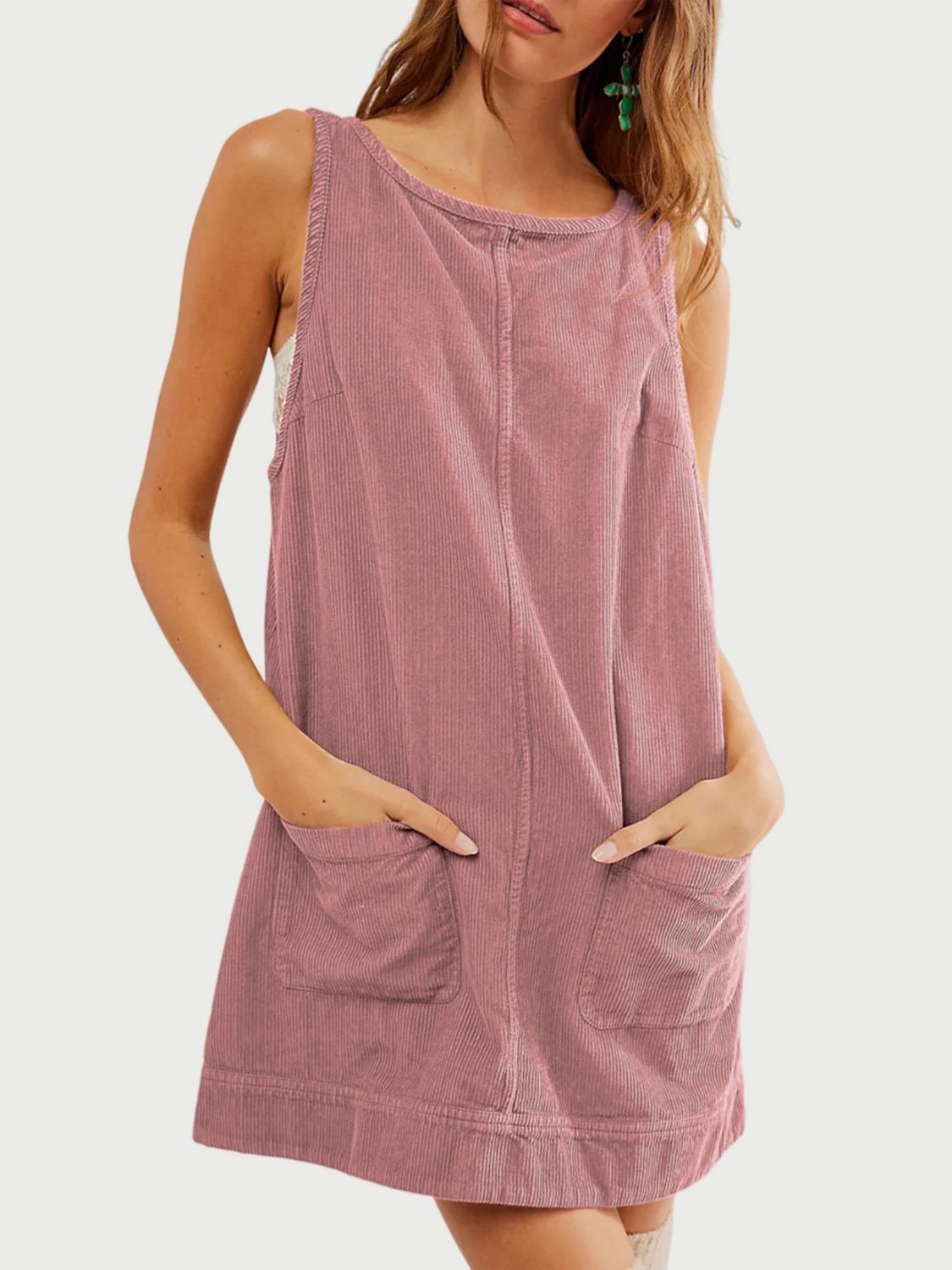 Mandy Round Neck Wide Strap Mini Dress with Pockets Dusty Pink