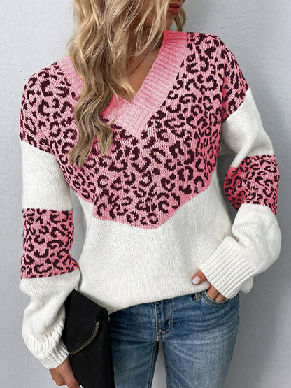 Leopard V-Neck Dropped Shoulder Sweater Blush Pink