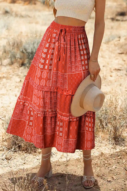 Fiery Red Bohemian Mix Print Long Flared Skirt Red 100%Polyester