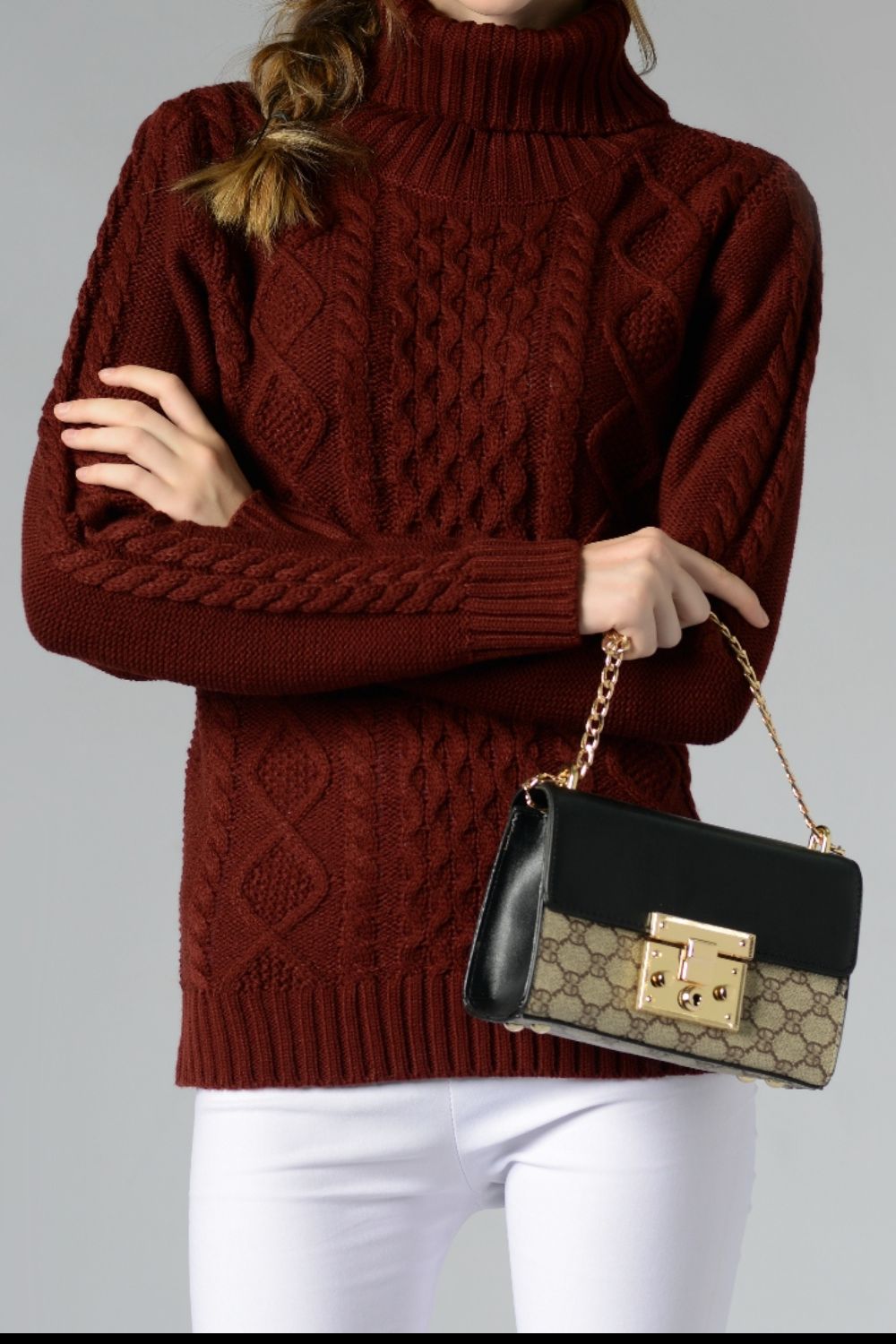 Cable-Knit Turtleneck Long Sleeve Sweater Burgundy