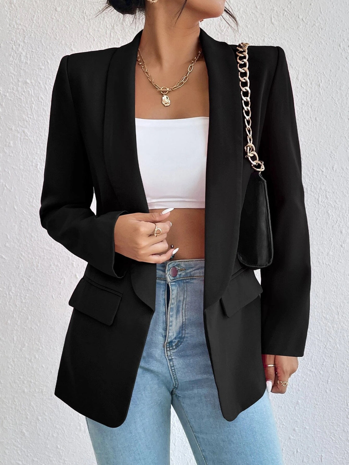 Shawl Collar Long Sleeve Blazer - Thandynie