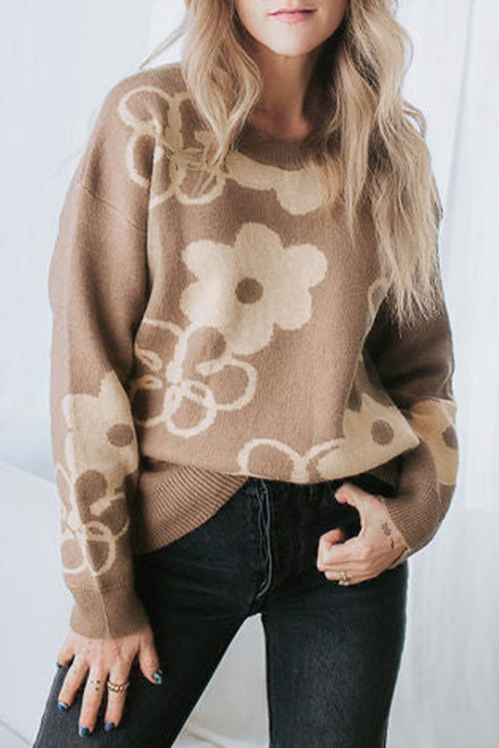 Flower Round Neck Dropped Shoulder Sweater Camel