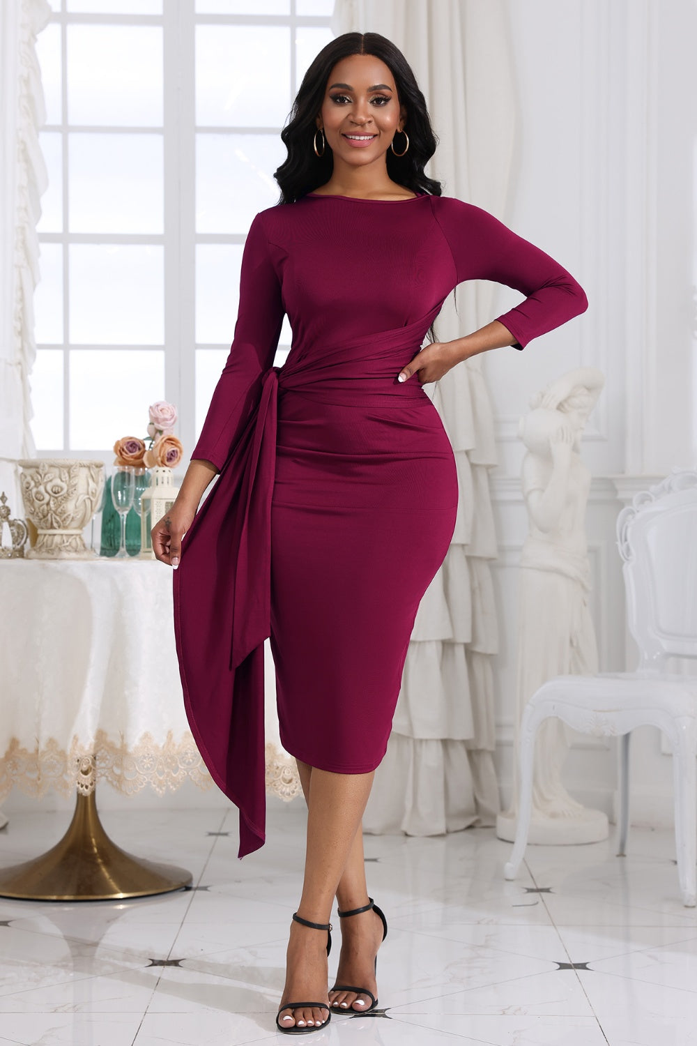 Tie Detail Round Neck Midi Dress Burgundy