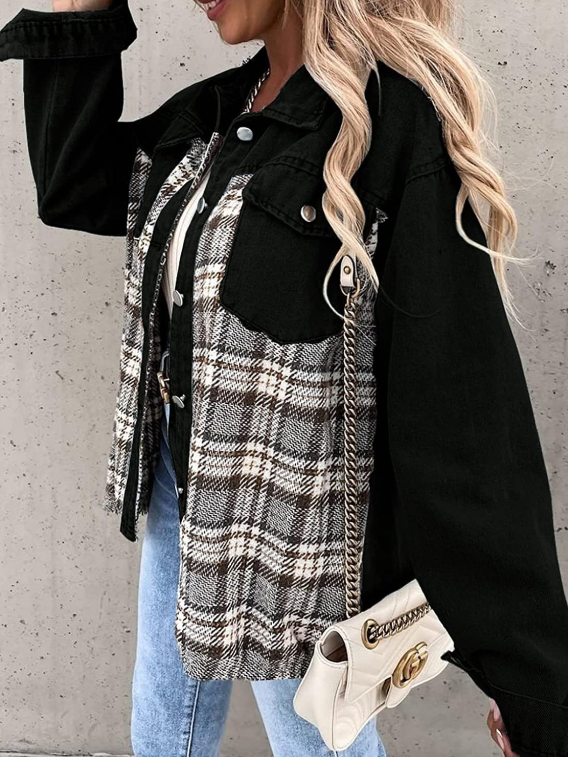 Plaid Button Up Dropped Shoulder Jacket - Thandynie