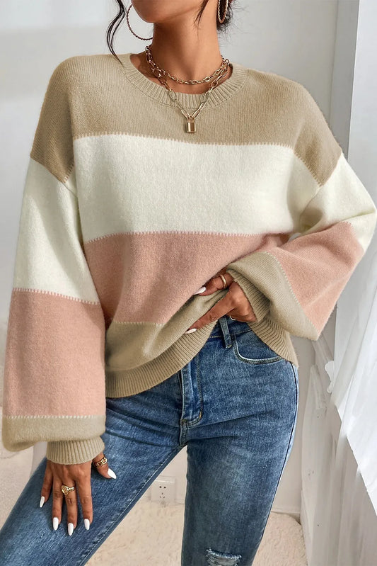 Color Block Round Neck Lantern Sleeve Sweater Khaki