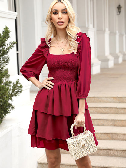 Smocked Square Neck Layered Dress Wine