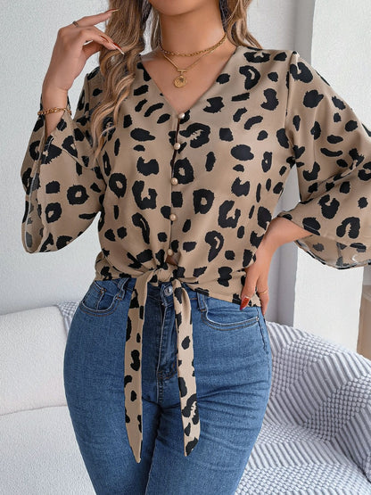 Tied Button Up Leopard V-Neck Blouse Khaki