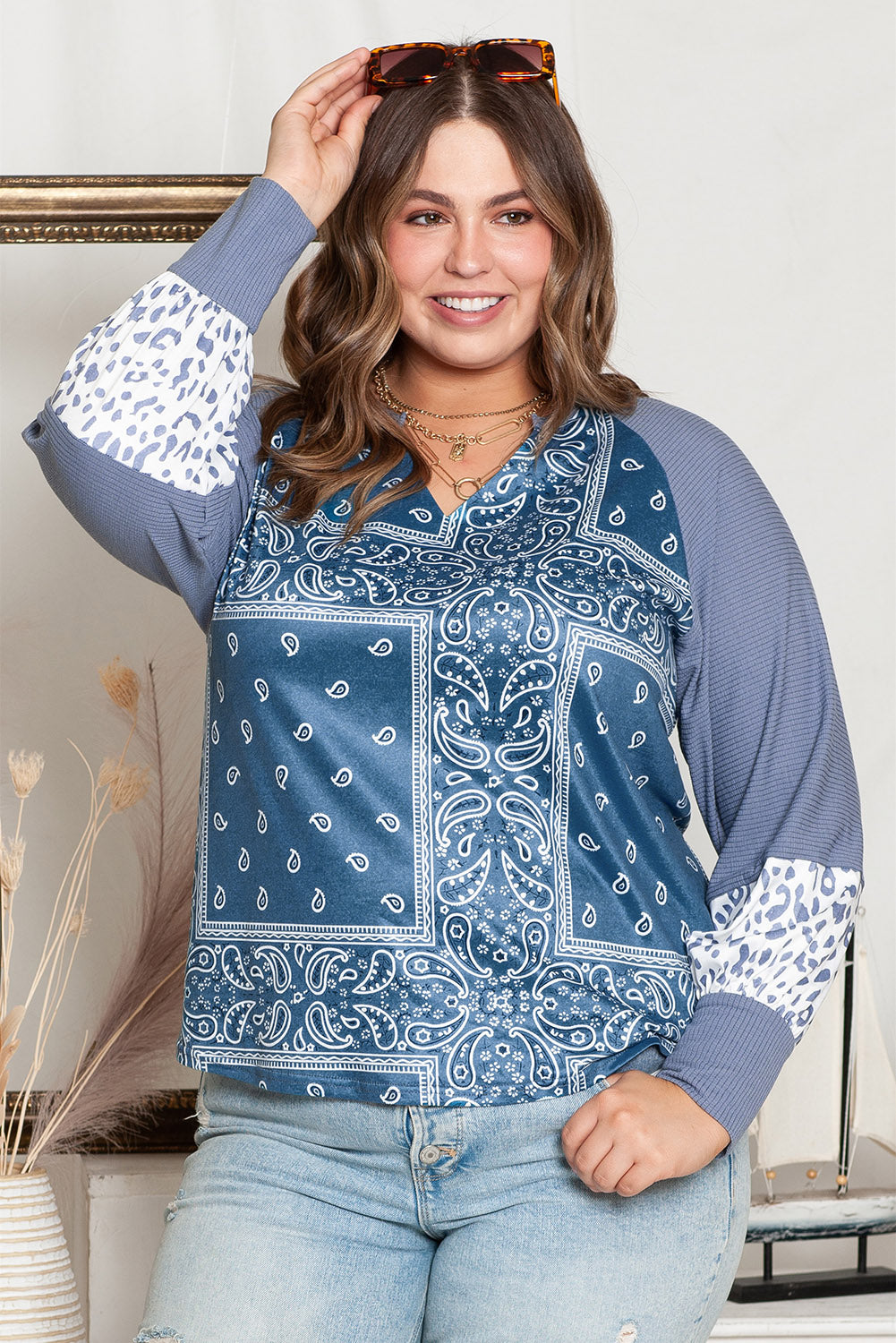 Plus Size V-Neck Printed Raglan Sleeve Blouse Dusty Blue