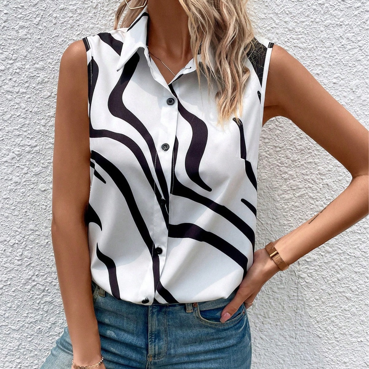 Button Up Printed Collared Neck Top White S