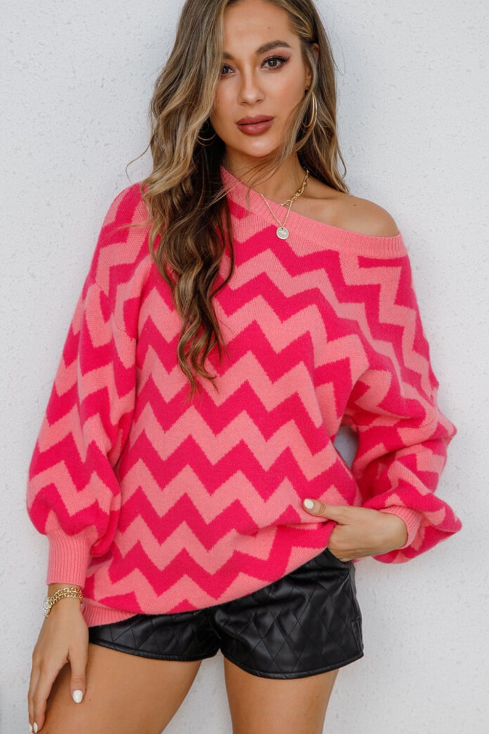 Chevron Lantern Sleeve Tunic Sweater Fuchsia