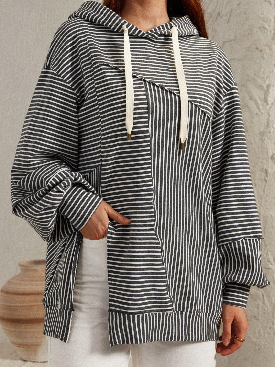 Slit Drawstring Striped Long Sleeve Hoodie Black