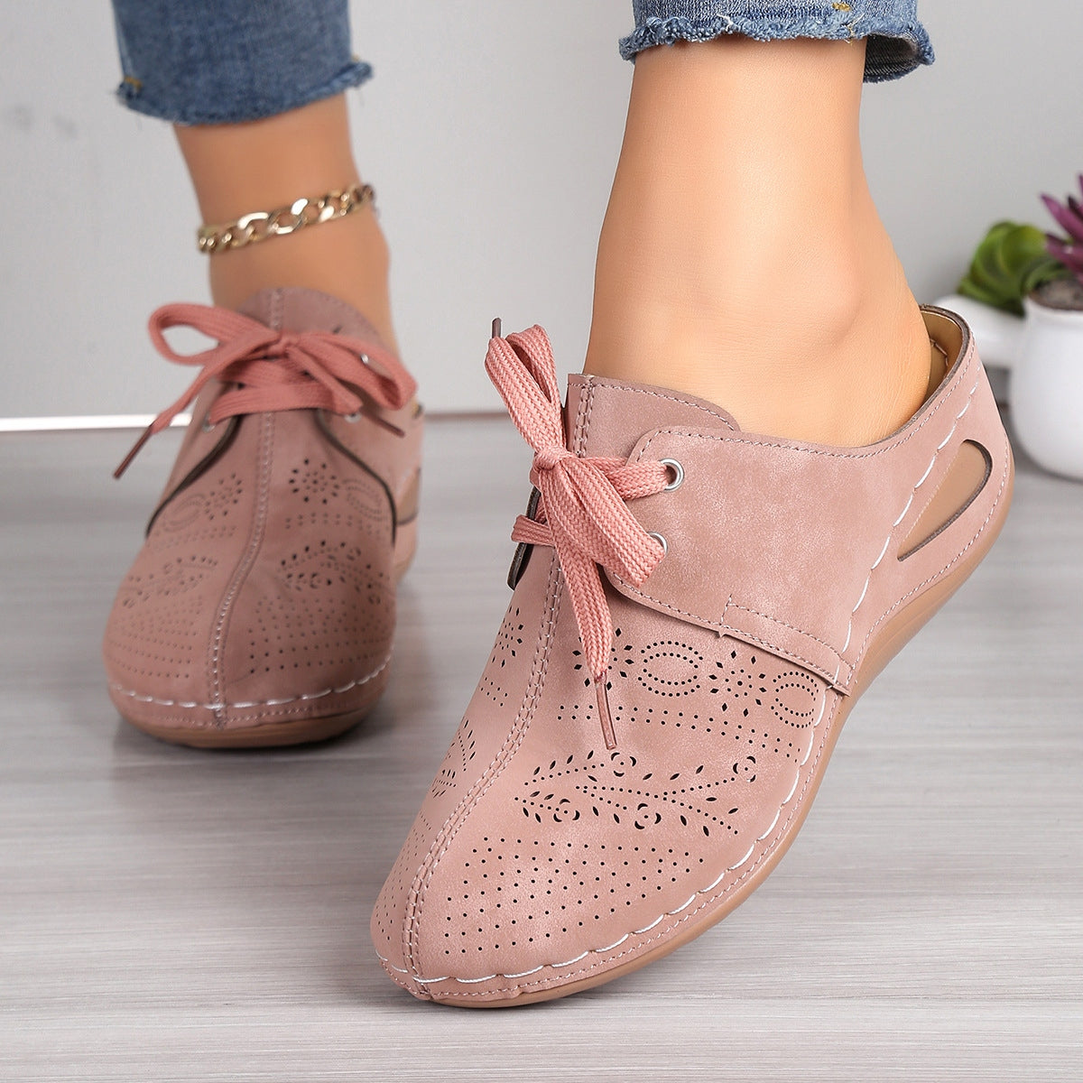 Lace-Up Round Toe Wedge Sandals Dusty Pink