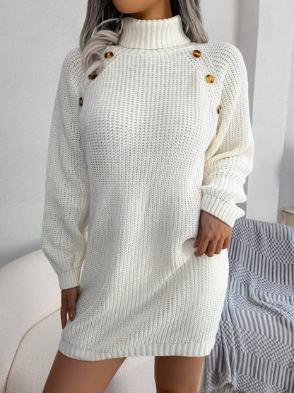 Decorative Button Turtleneck Sweater Dress White