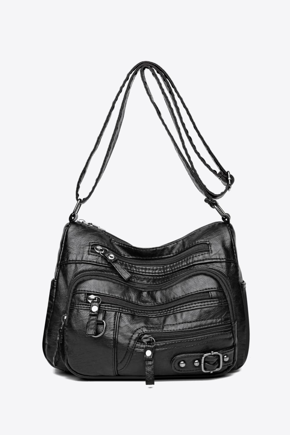 Multi-Pocket PU Leather Crossbody Bag Black One Size