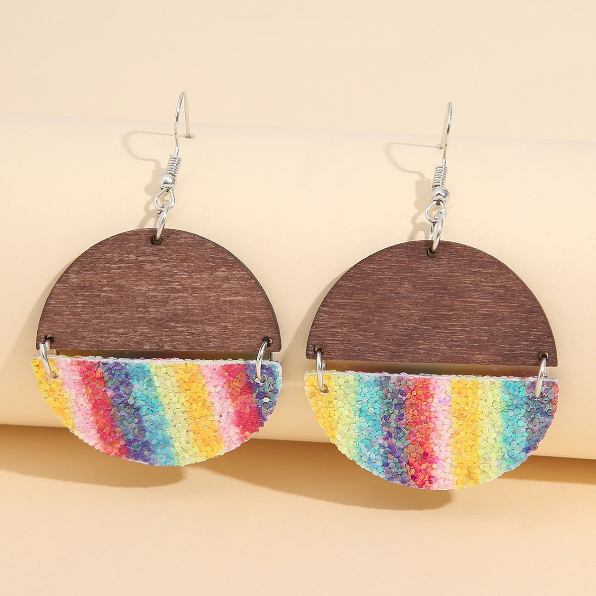 Sequin Wooden Round Dangle Earrings - Thandynie