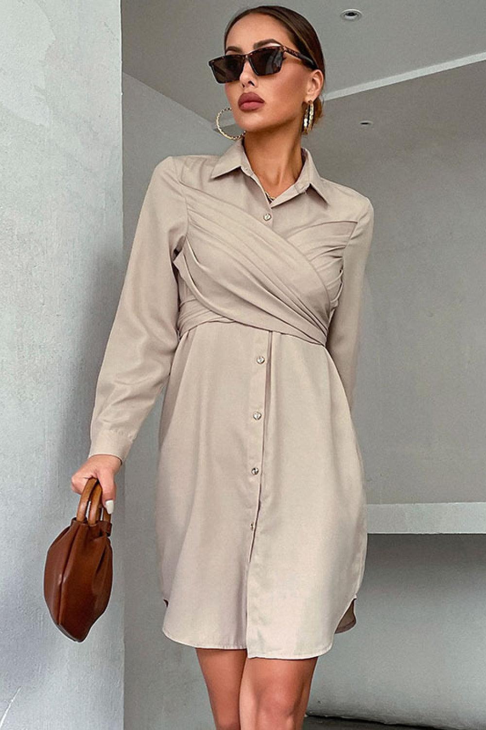 Crisscross Tie-Back Curved Hem Shirt Dress Khaki