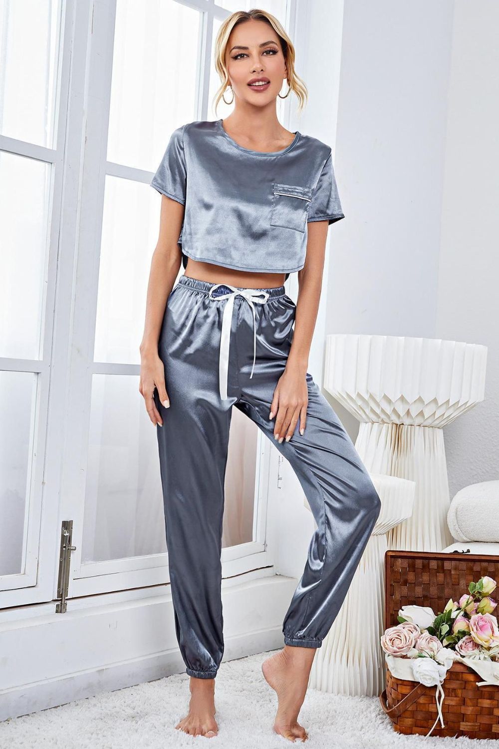 Satin Short Sleeve Crop Top and Joggers Lounge Set Steel