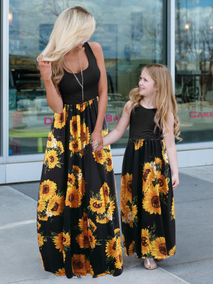 Children's Floral Mosaic Tank Dress Mother-Daughter Clothes Black