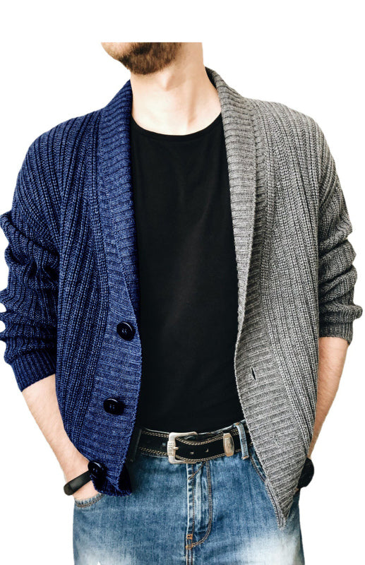 Men's Two Tone Patchwork Single Breasted Long Sleeve Sweater Cardigan Blue