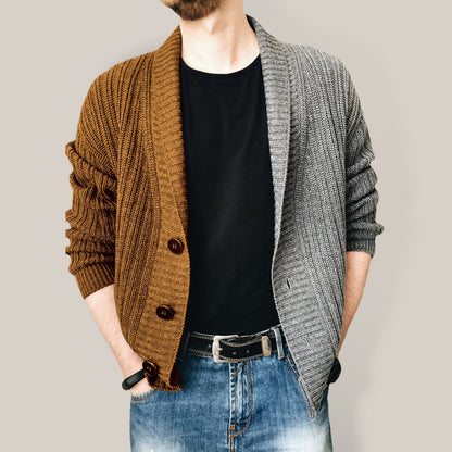 Men's Two Tone Patchwork Single Breasted Long Sleeve Sweater Cardigan Brown