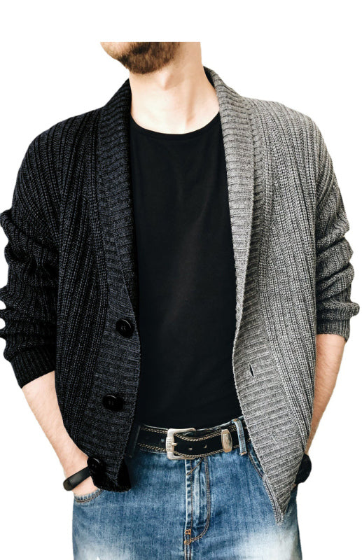 Men's Two Tone Patchwork Single Breasted Long Sleeve Sweater Cardigan Black