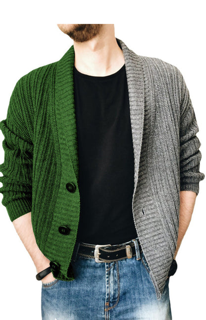 Men's Two Tone Patchwork Single Breasted Long Sleeve Sweater Cardigan Green