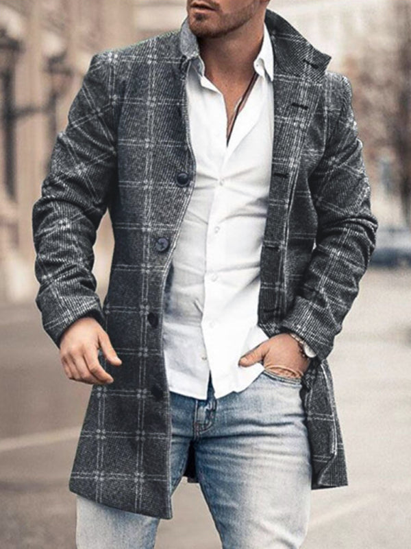 New men's woolen stand collar mid-length pocket casual coat Charcoal grey