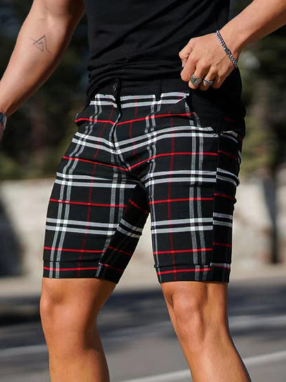 men's skinny plaid plus size casual shorts Black