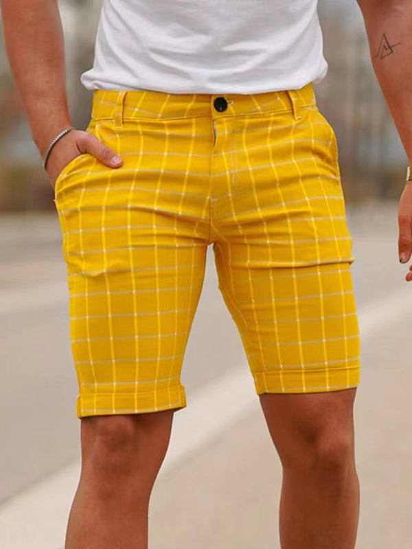 men's skinny plaid plus size casual shorts Yellow