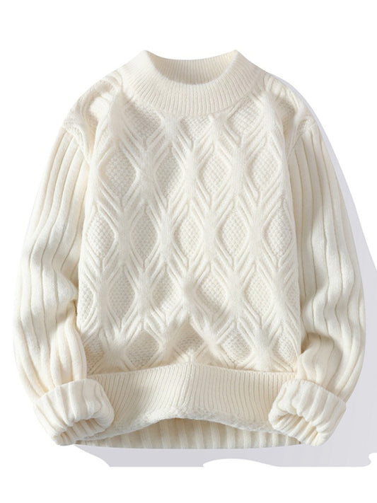 New Men's Loose Casual Round Neck Knitted Sweater White