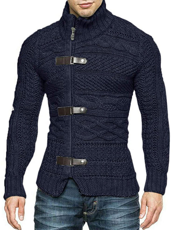 Men's Leather Button Long Sleeve Knitted Cardigan Jacket Blue