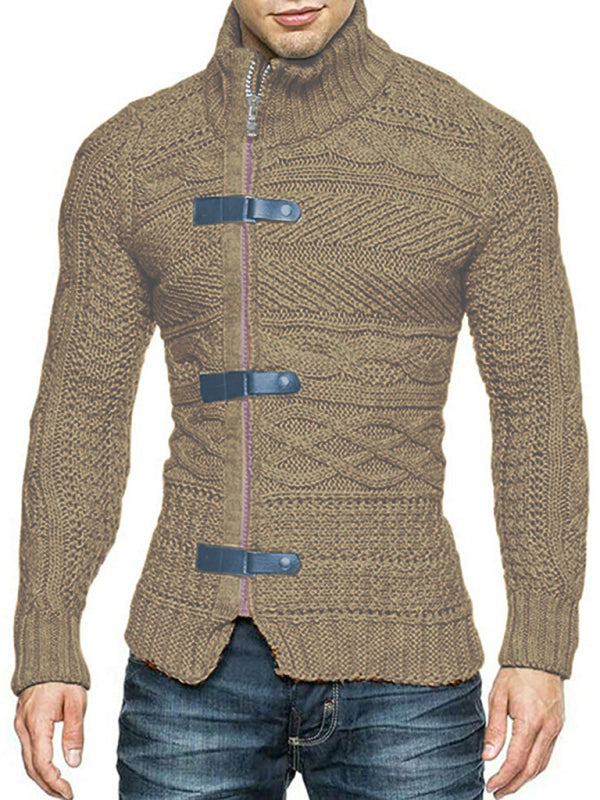 Men's Leather Button Long Sleeve Knitted Cardigan Jacket Brown