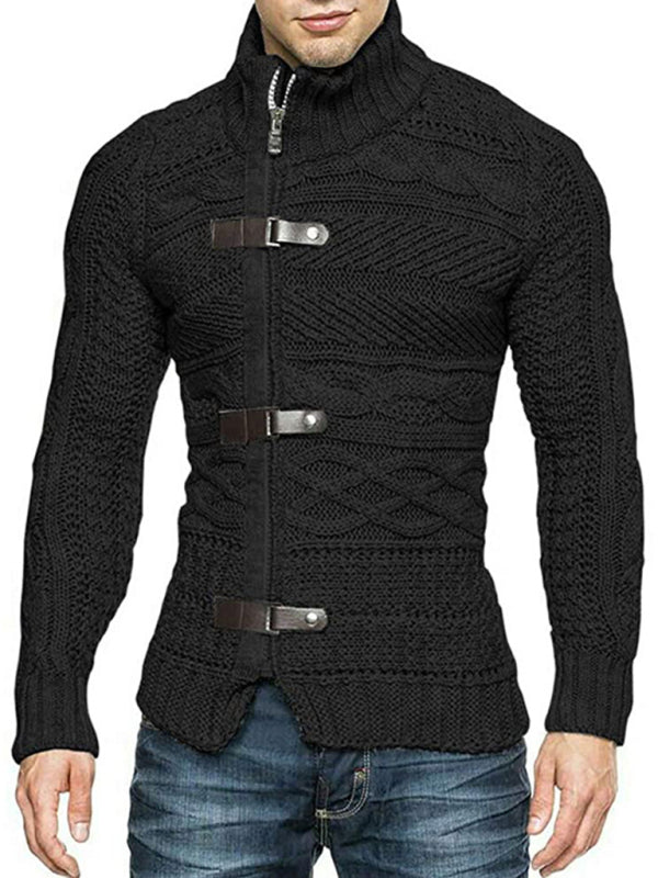 Men's Leather Button Long Sleeve Knitted Cardigan Jacket Black