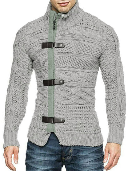 Men's Leather Button Long Sleeve Knitted Cardigan Jacket Grey