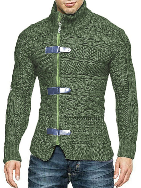 Men's Leather Button Long Sleeve Knitted Cardigan Jacket Green