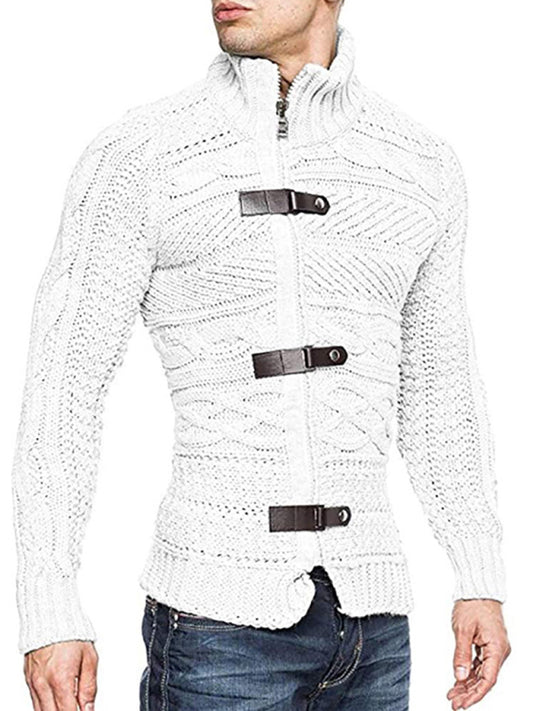 Men's Leather Button Long Sleeve Knitted Cardigan Jacket White