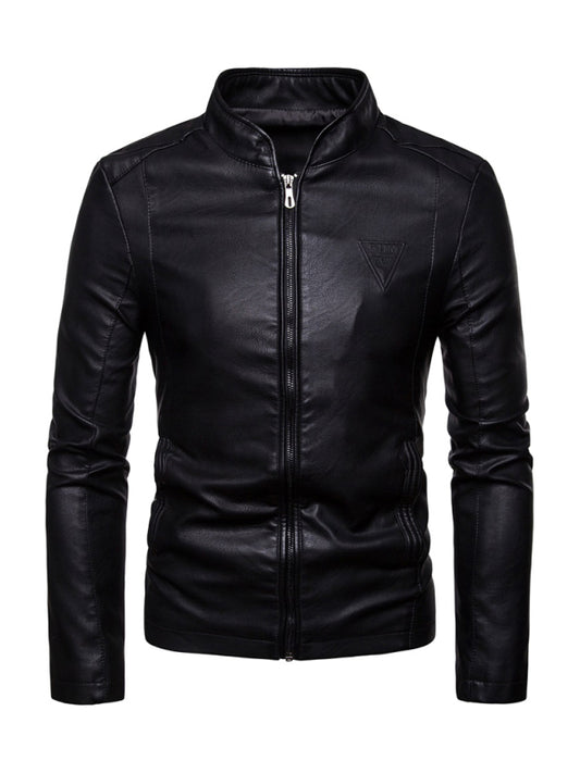 Men's motorcycle zipper stand collar leather jacket Black