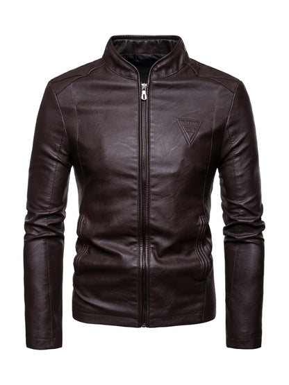 Men's motorcycle zipper stand collar leather jacket Coffee