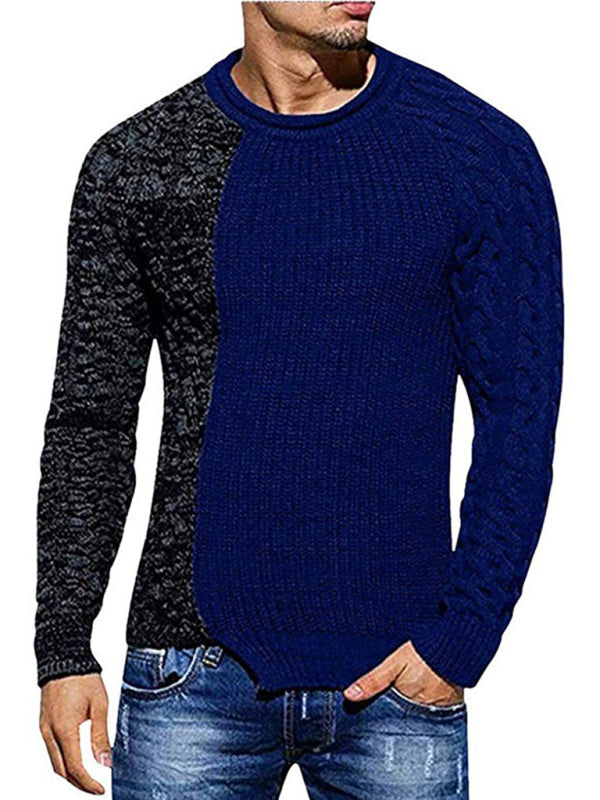 Men's new round neck long sleeve knitted slim sweater Purplish blue navy