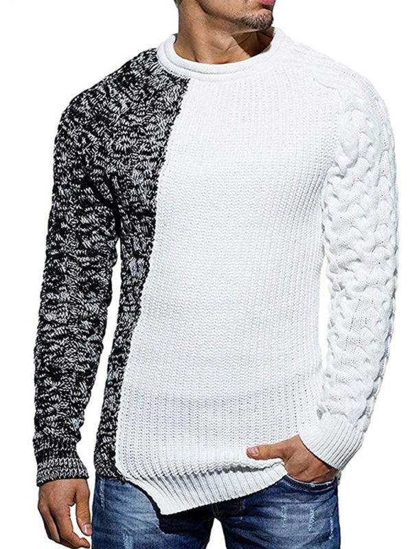 Men's new round neck long sleeve knitted slim sweater White